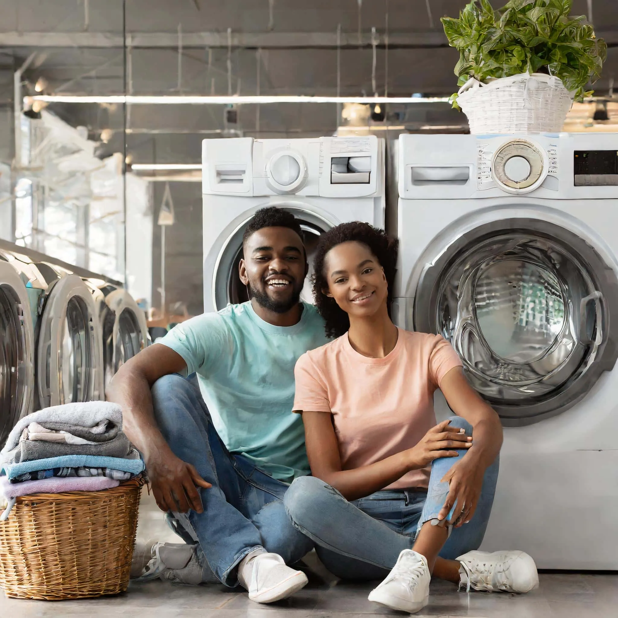 A smiling couple sitting by the washers with a basket of folded laundry