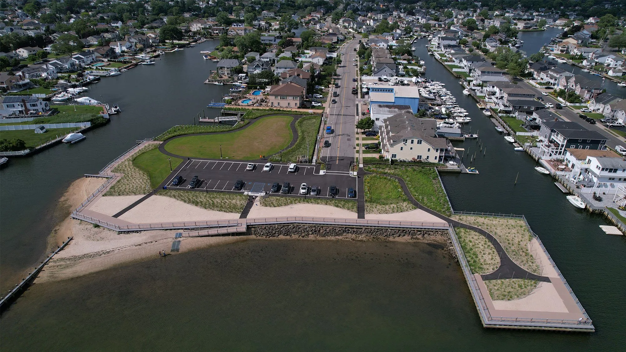 Aerial view of Alhambra Park on the canals of Massapequa