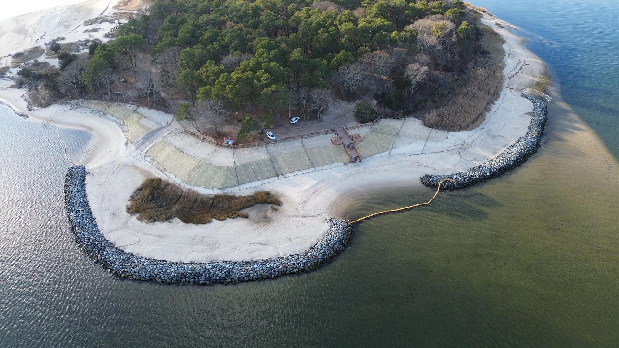 Aerial view of the living shoreline Galvin Brothers built at Indian Island County Park, Riverhead, NY