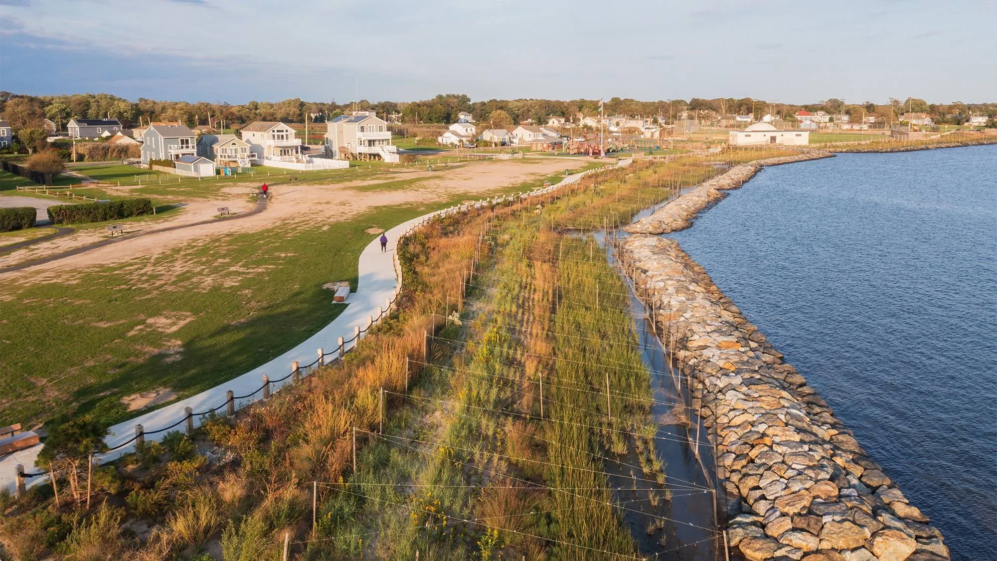 Living shoreline at Shorefront Park: a rock sill and new marsh plantings along the water