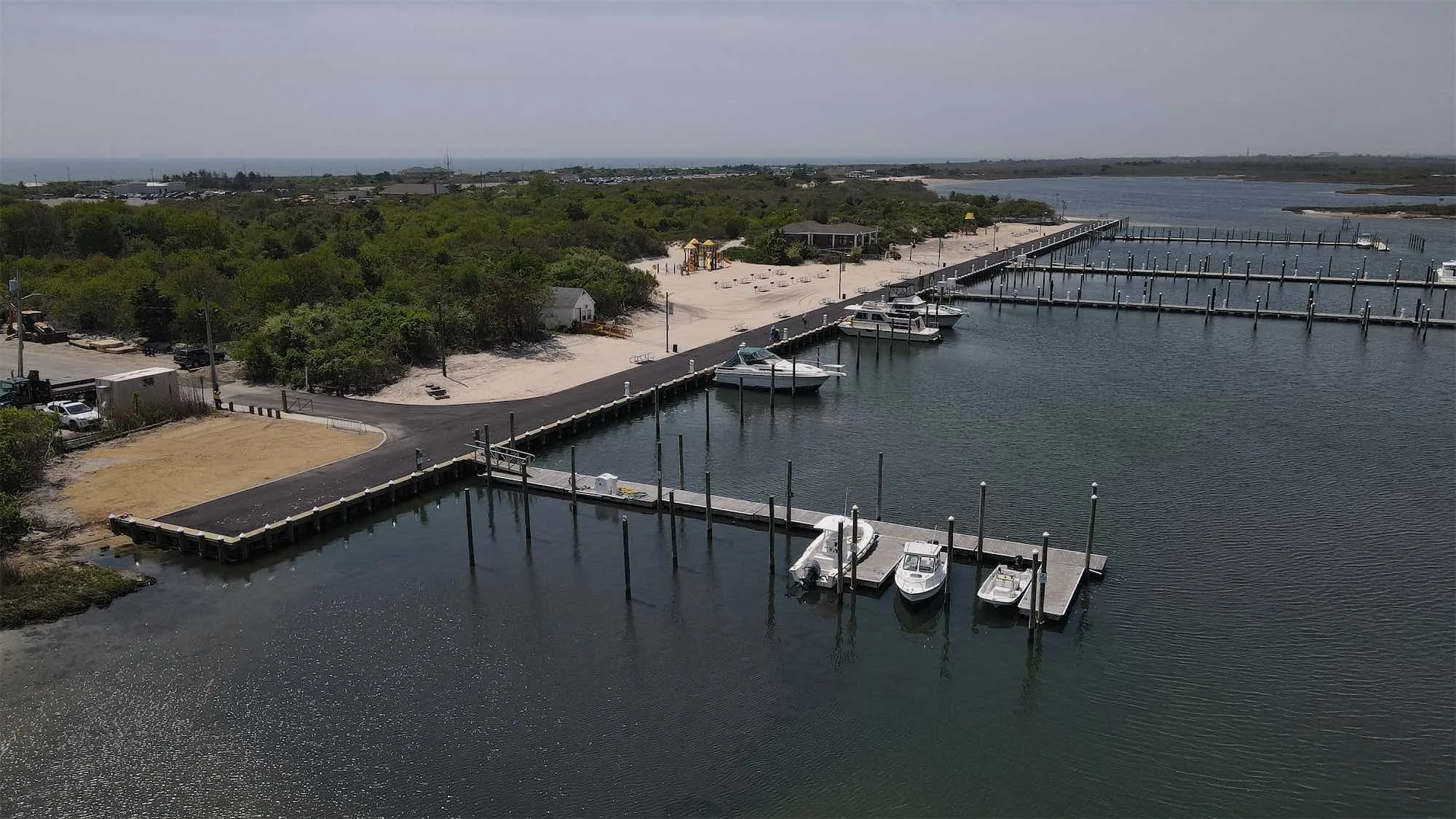 Aerial view of the rebuilt Tobay Beach Marina bulkheads and docks
