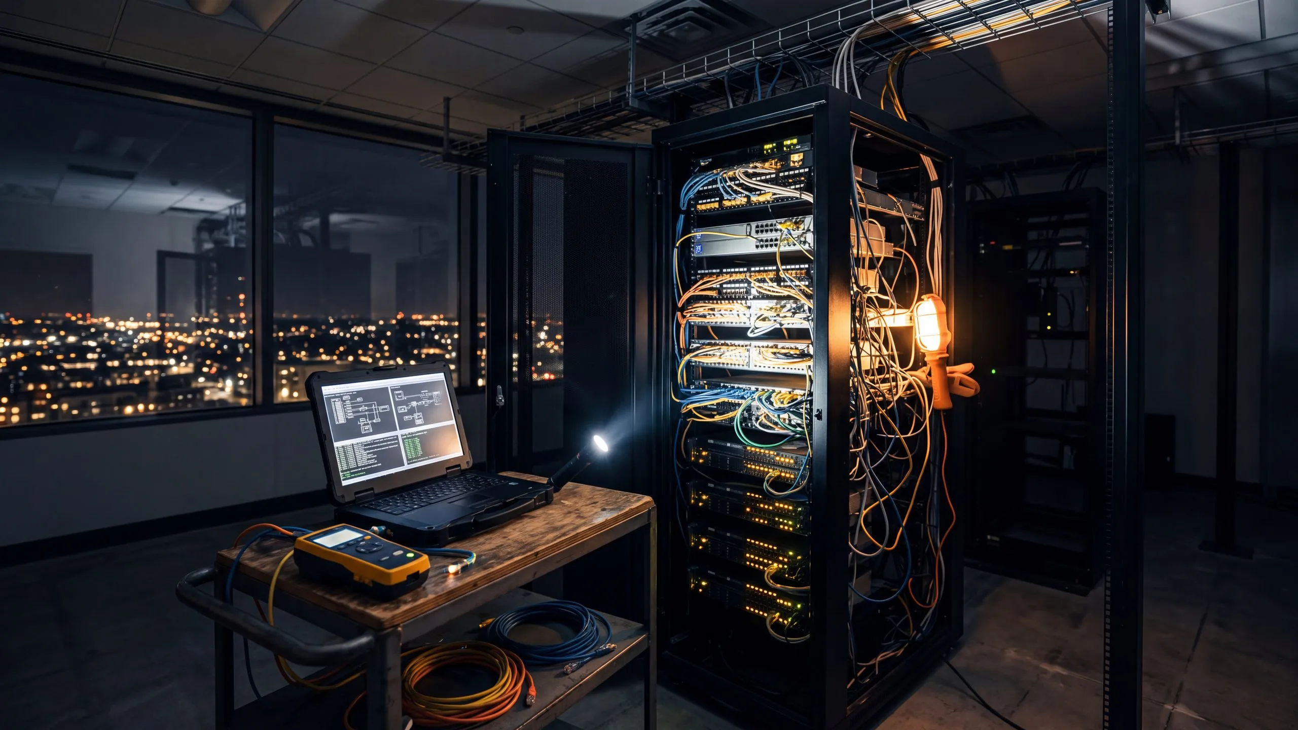 Open network rack with a cable tester and laptop after hours