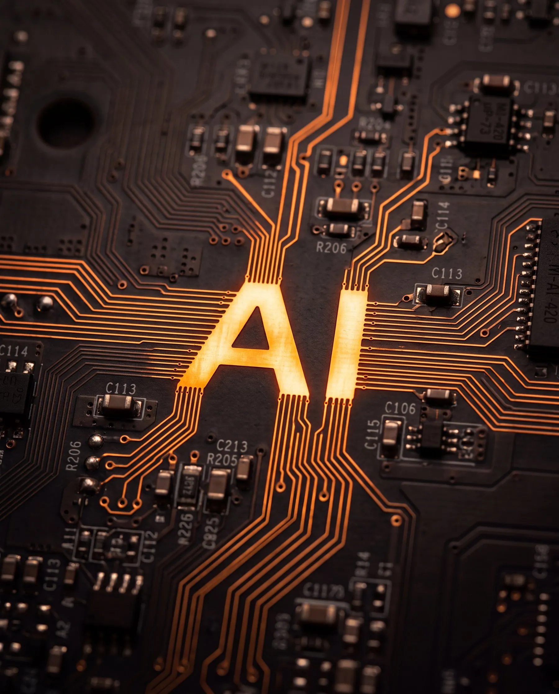 Circuit board with glowing traces forming the letters AI