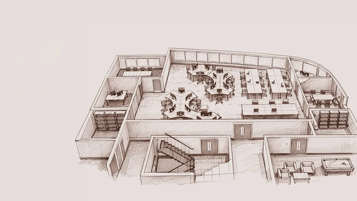 Sketched office floor plan for an IT relocation project