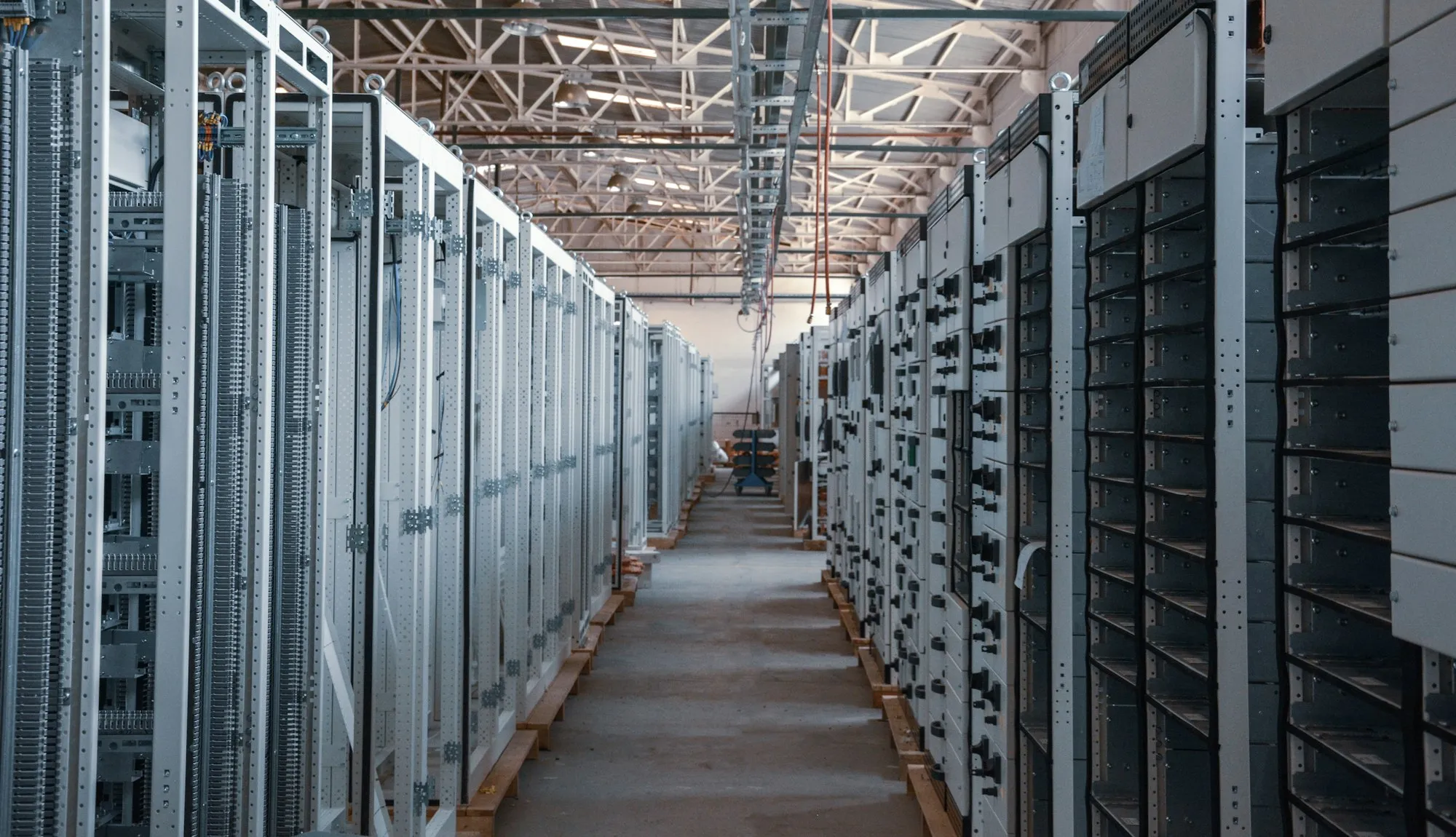 Rows of server racks in a data center