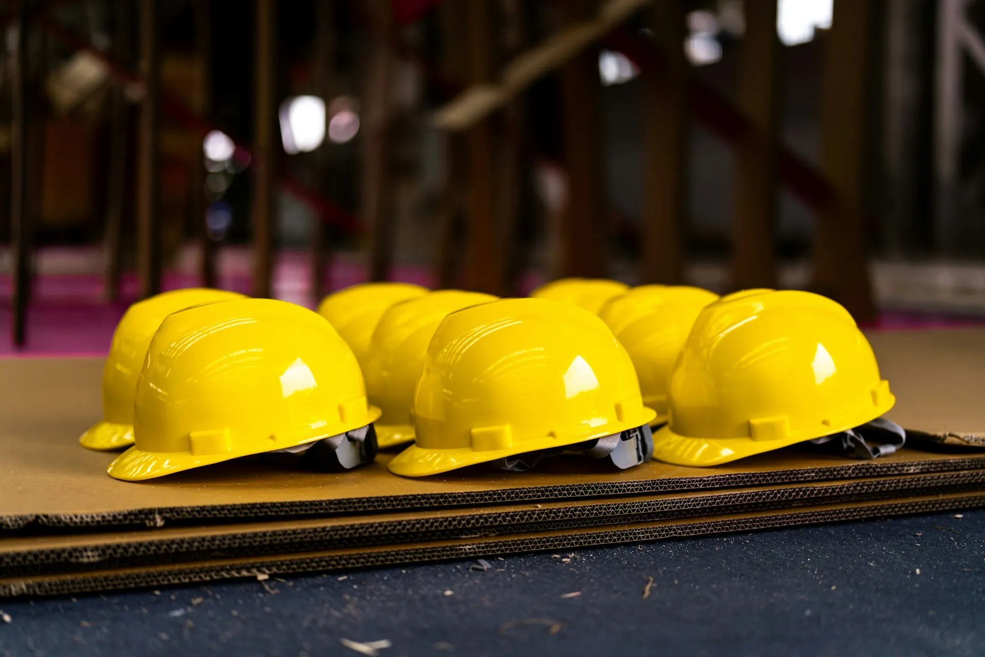 Hard hats and project drawings for an engineering project