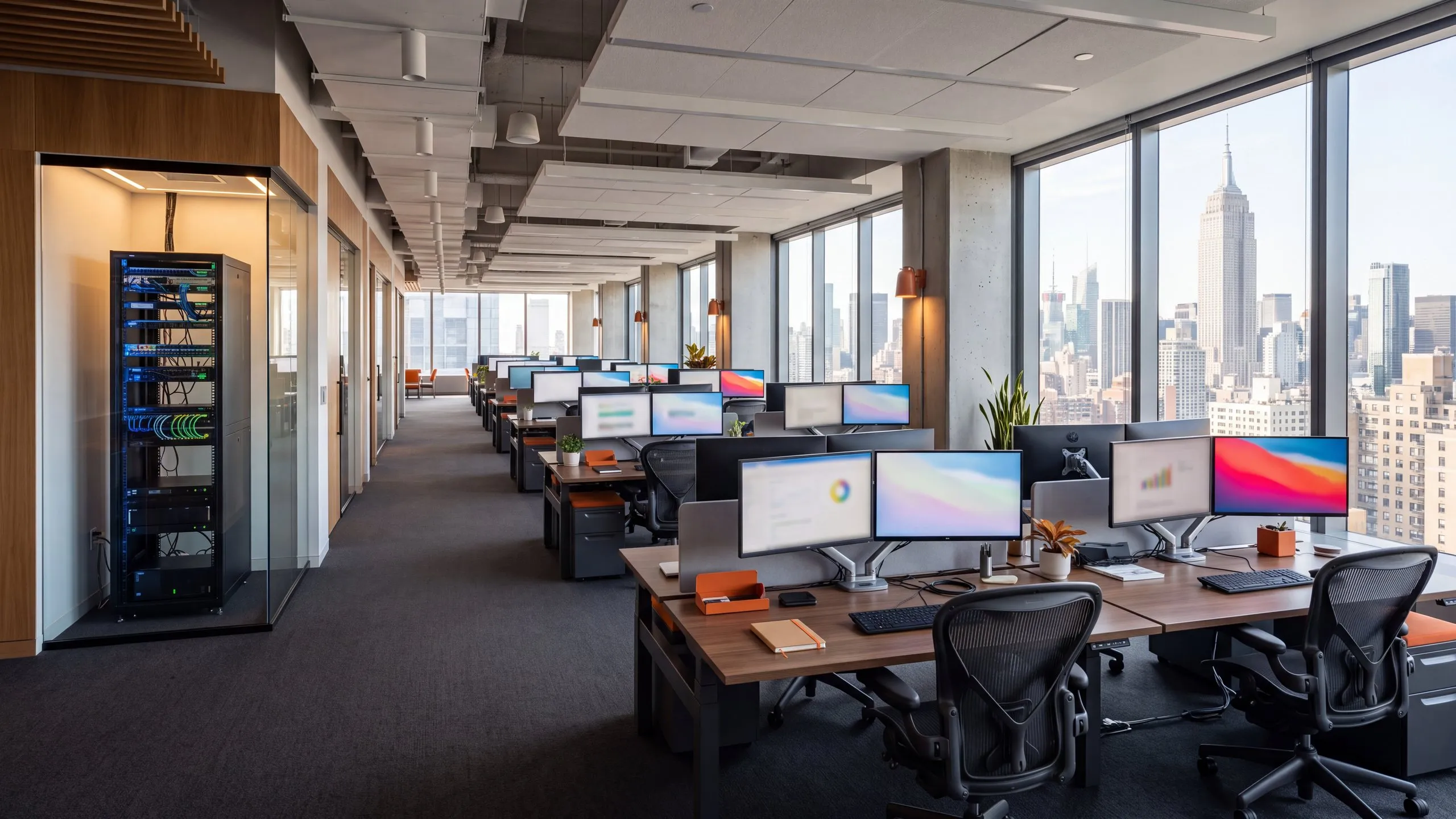 Open-plan New York office with rows of monitors and a server closet