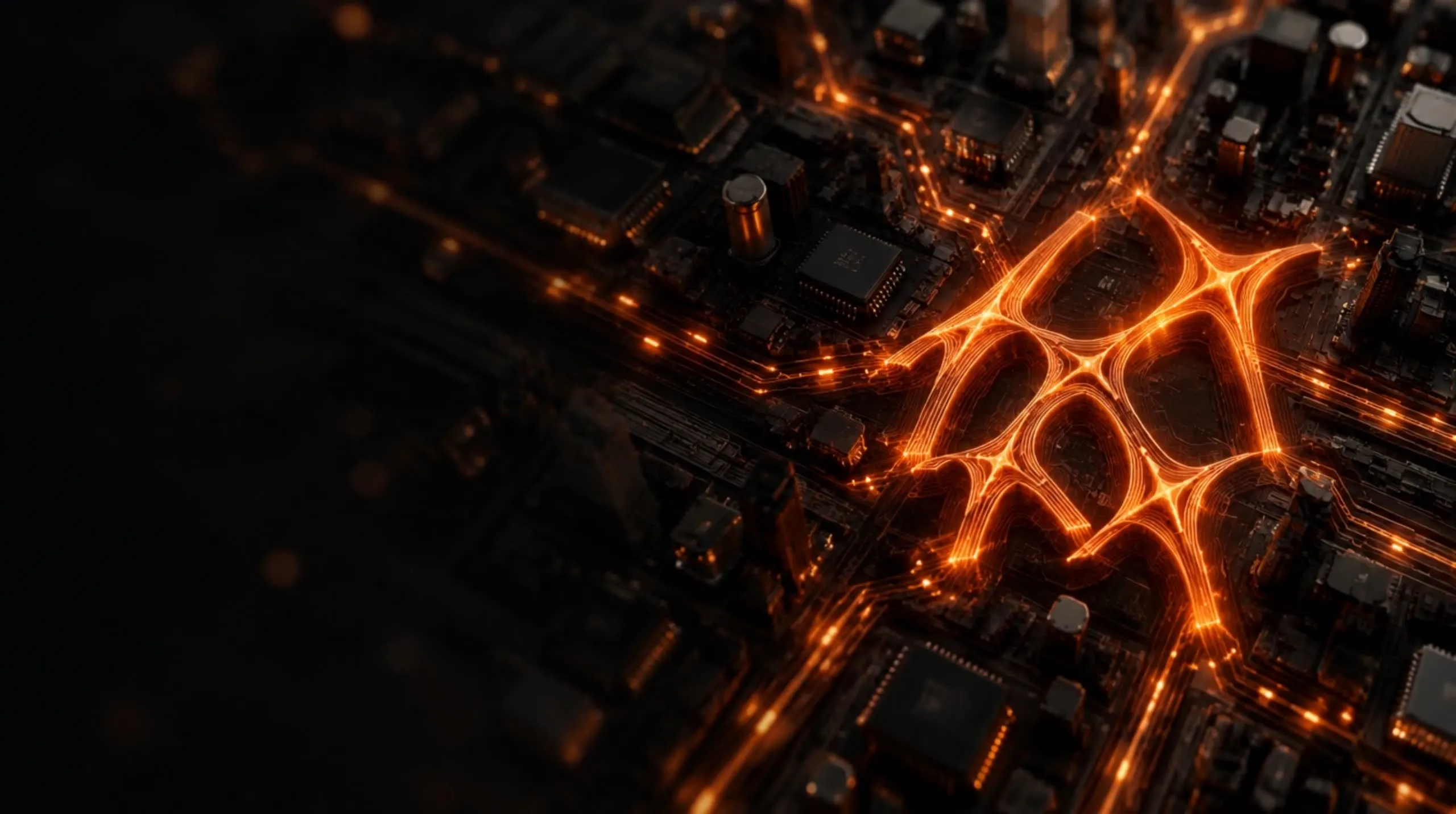 Glowing orange circuit traces forming the Neteam mark on a dark circuit board