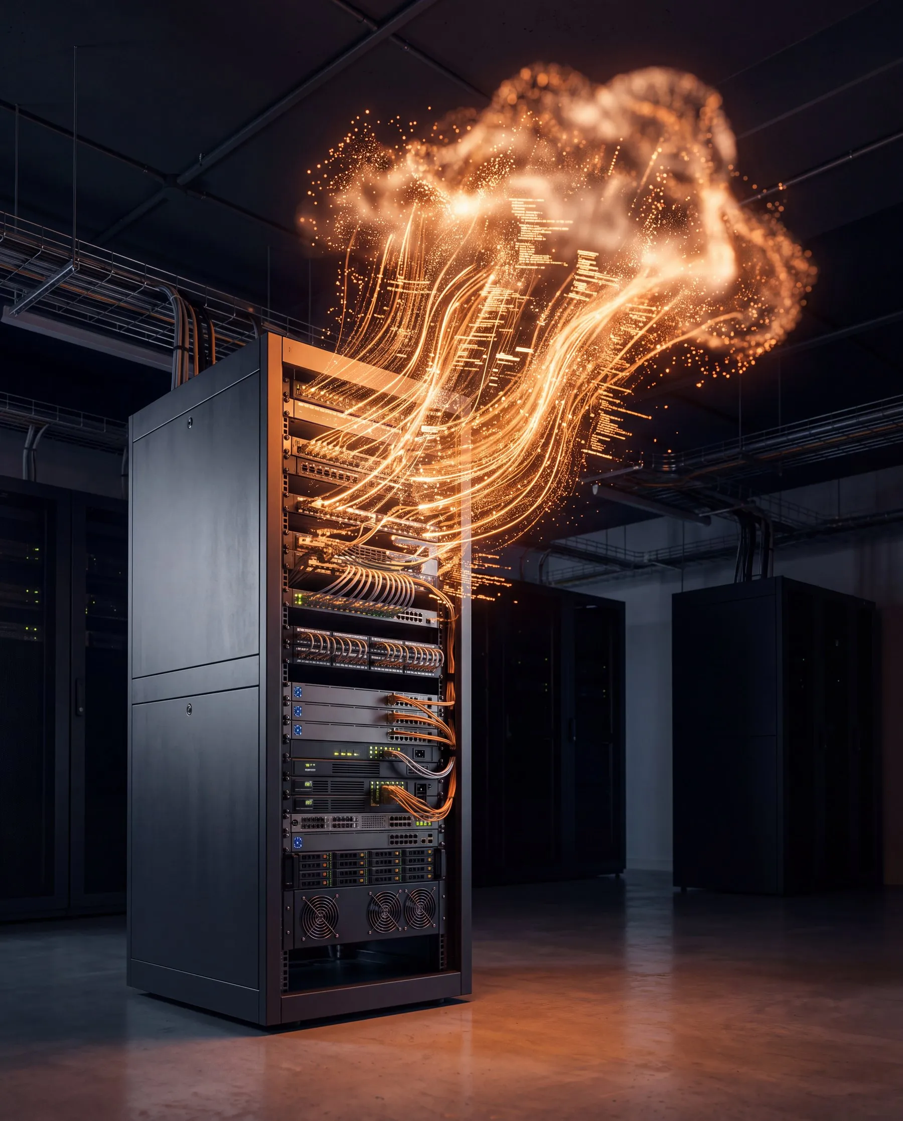 Server rack with data streams rising into a glowing cloud