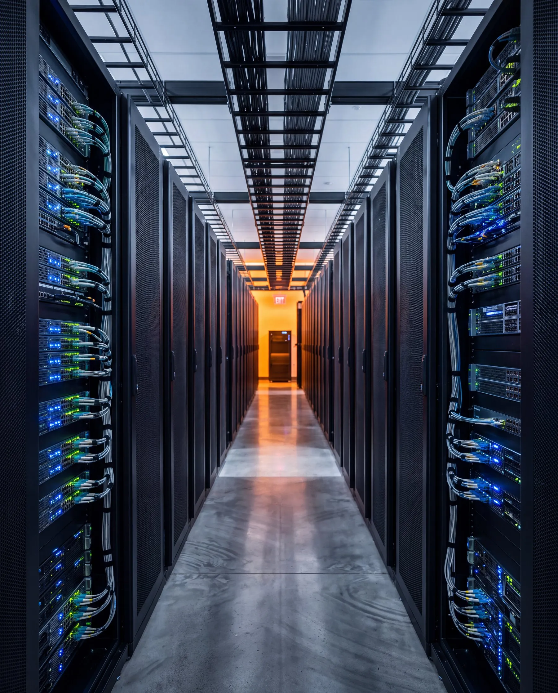 Data center aisle with server racks and patch cabling