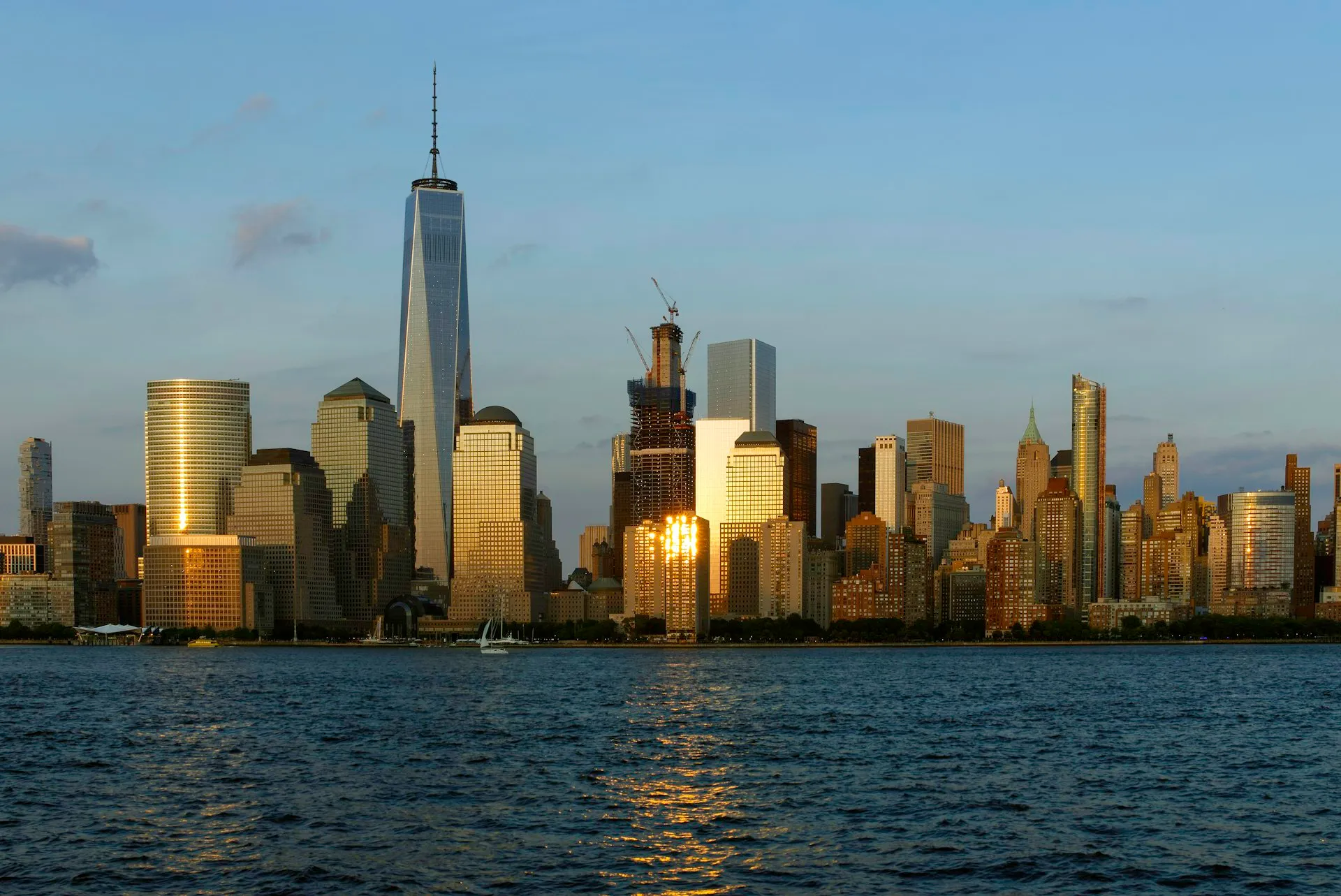 Lower Manhattan skyline at golden hour