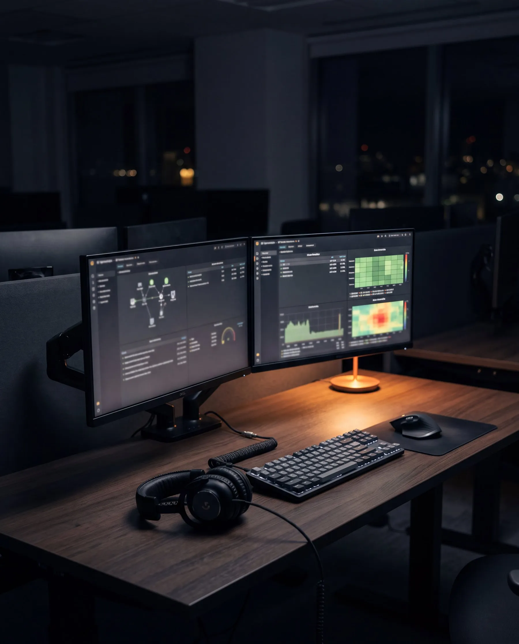 IT support workstation with monitoring dashboards and a headset