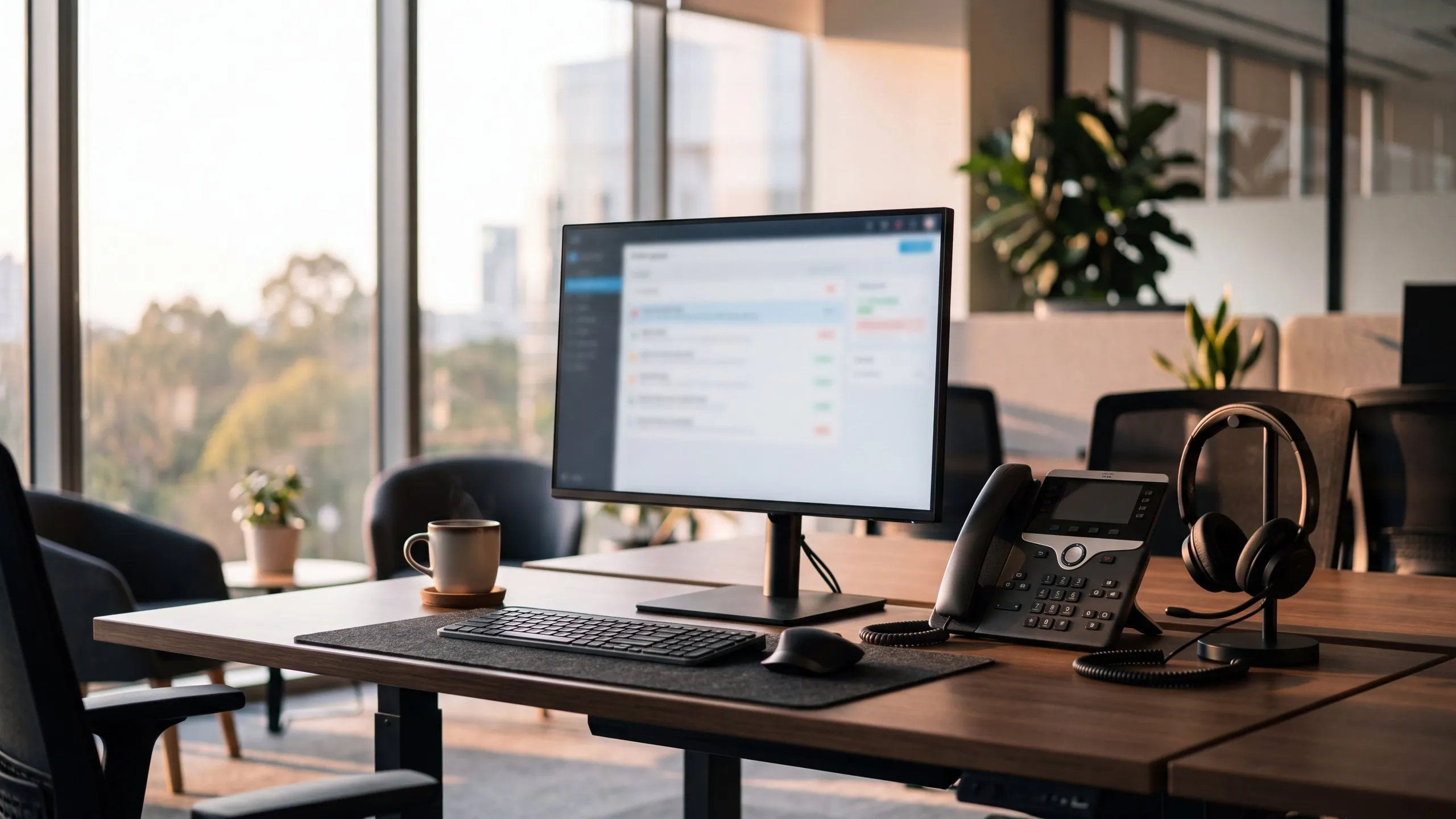 Helpdesk desk with a phone, headset and ticket queue in morning light
