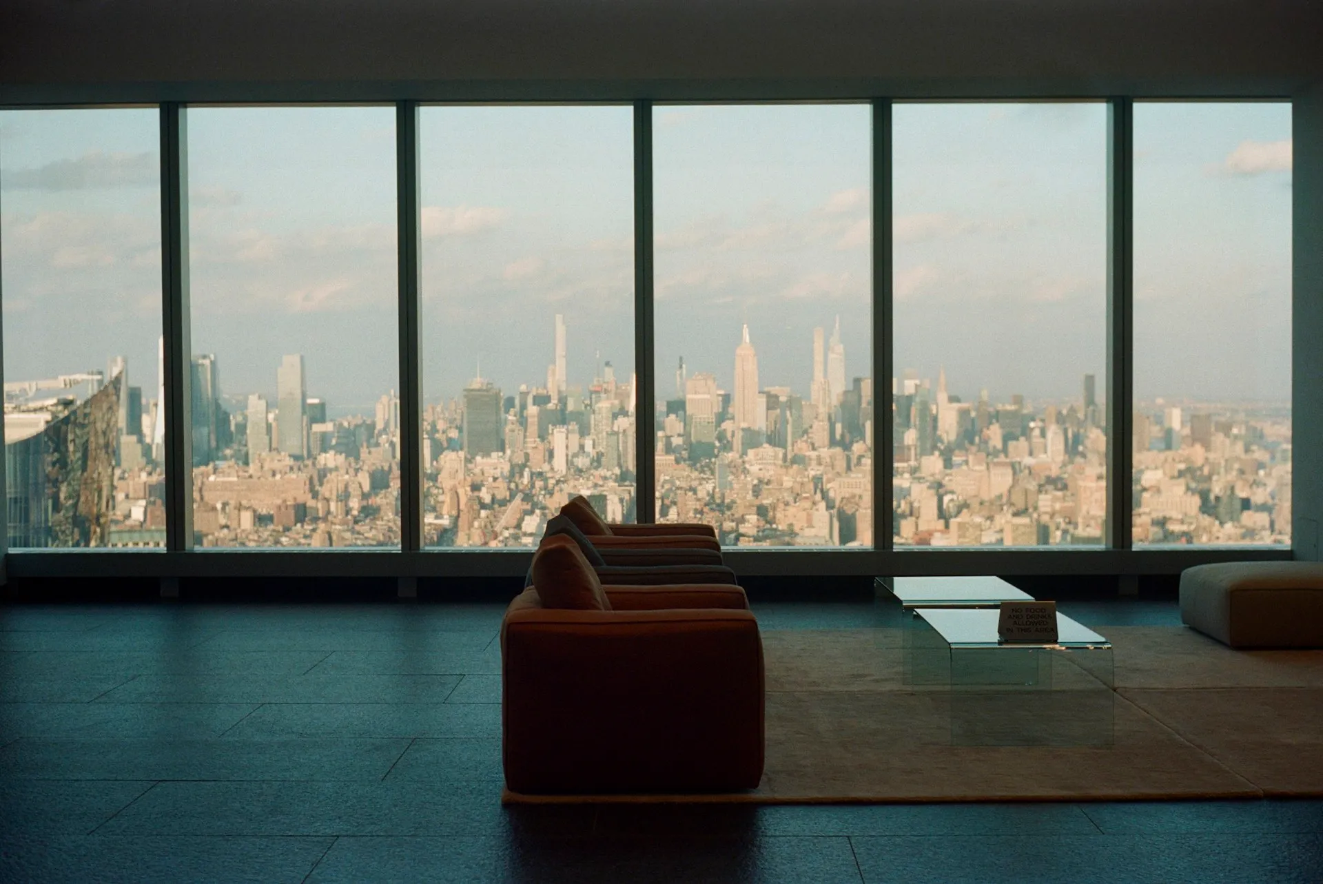 Office lounge overlooking the Manhattan skyline
