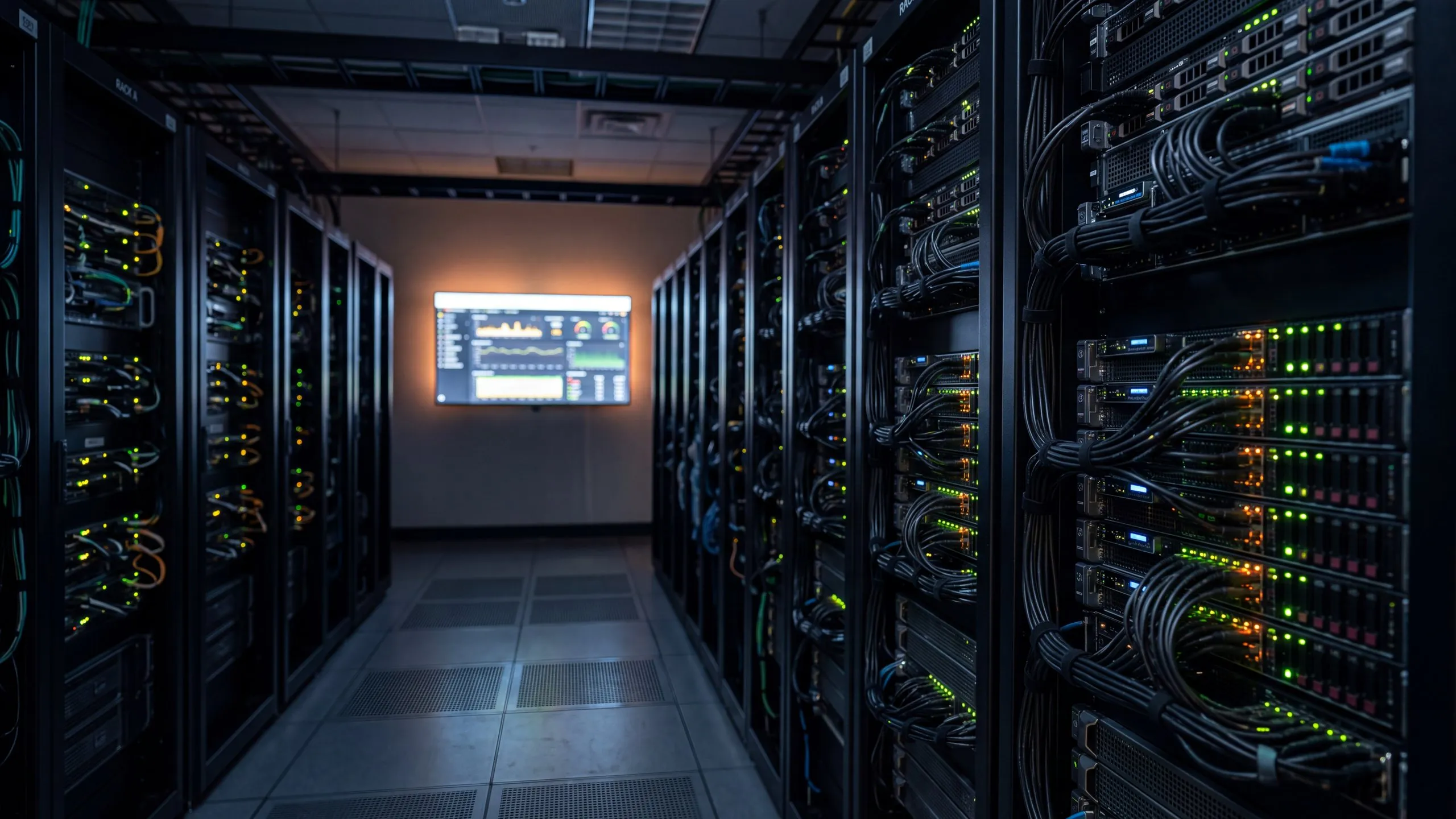 Server room at night with status lights and a monitoring screen