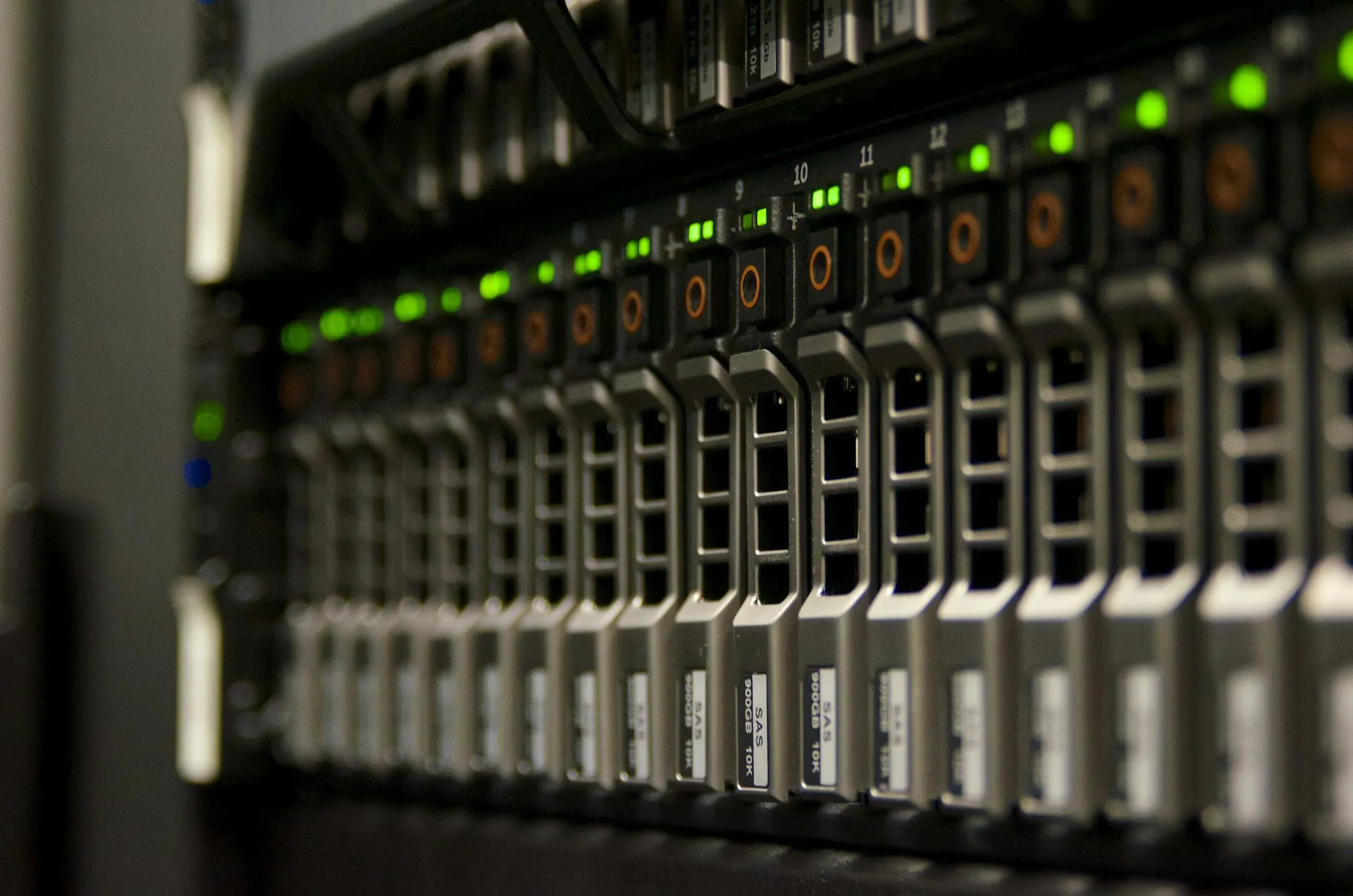 Enterprise server rack with drive arrays and status lights