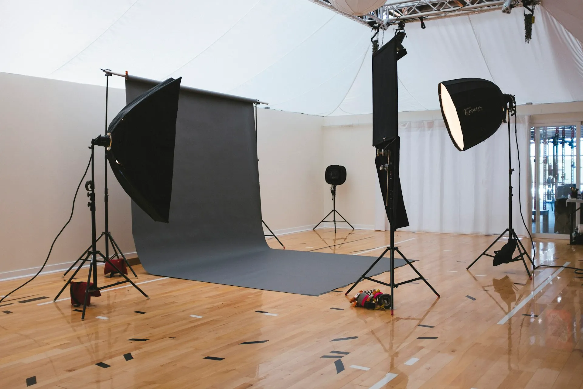 Production studio with lighting equipment ready for a shoot