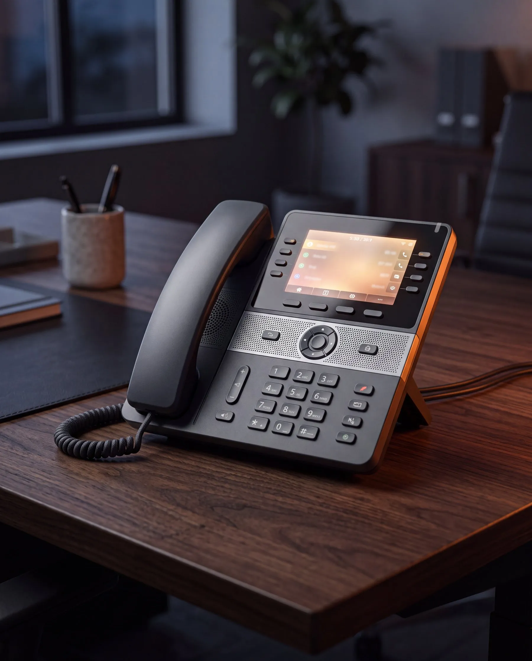Business IP desk phone on an office desk