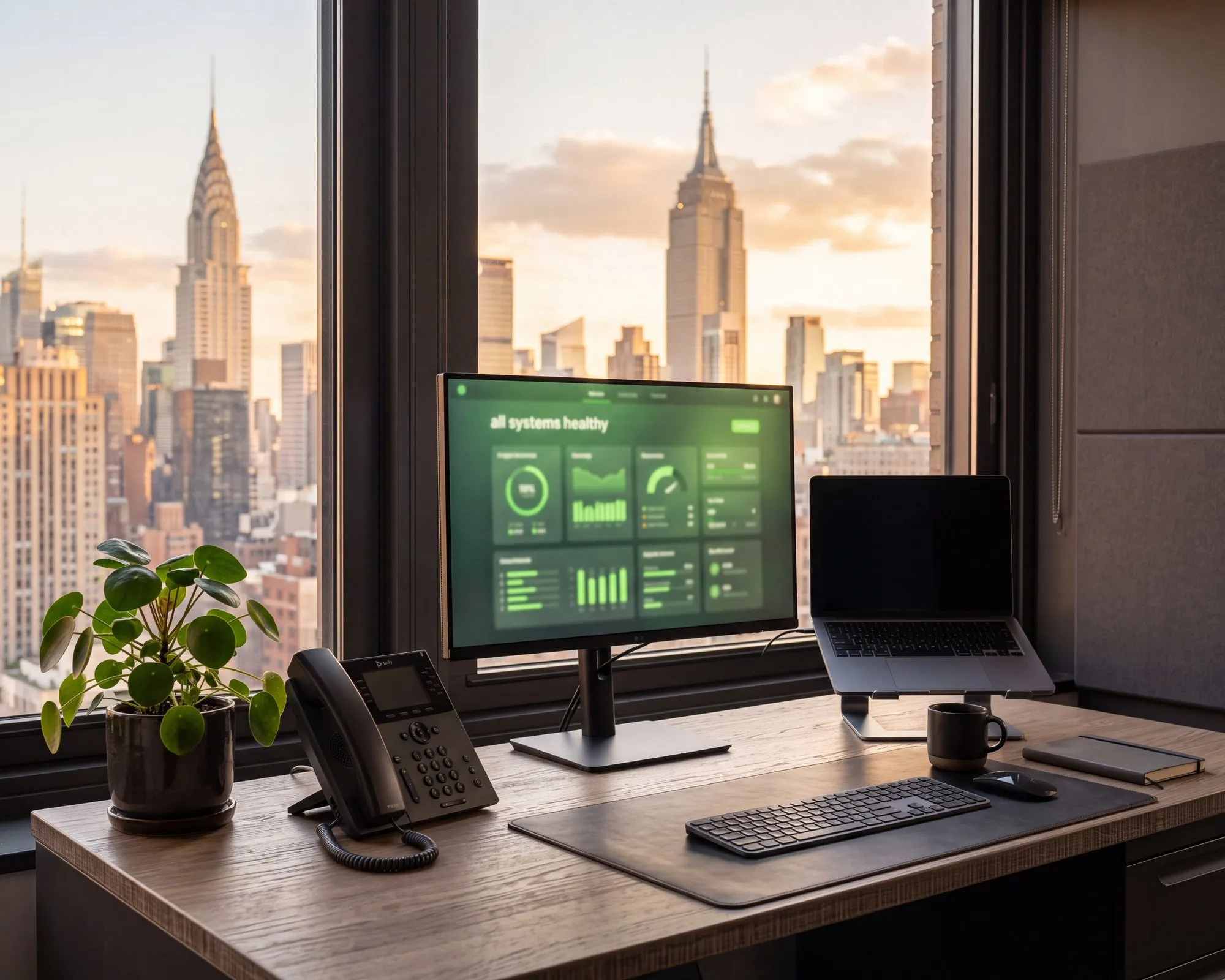 Office desk overlooking Manhattan with a monitor showing all systems healthy